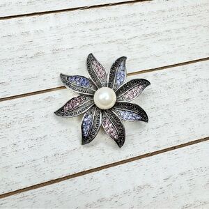 Premier Designs Flower Rhinestone Faux Pearl Silver Pendant Brooch Transformer